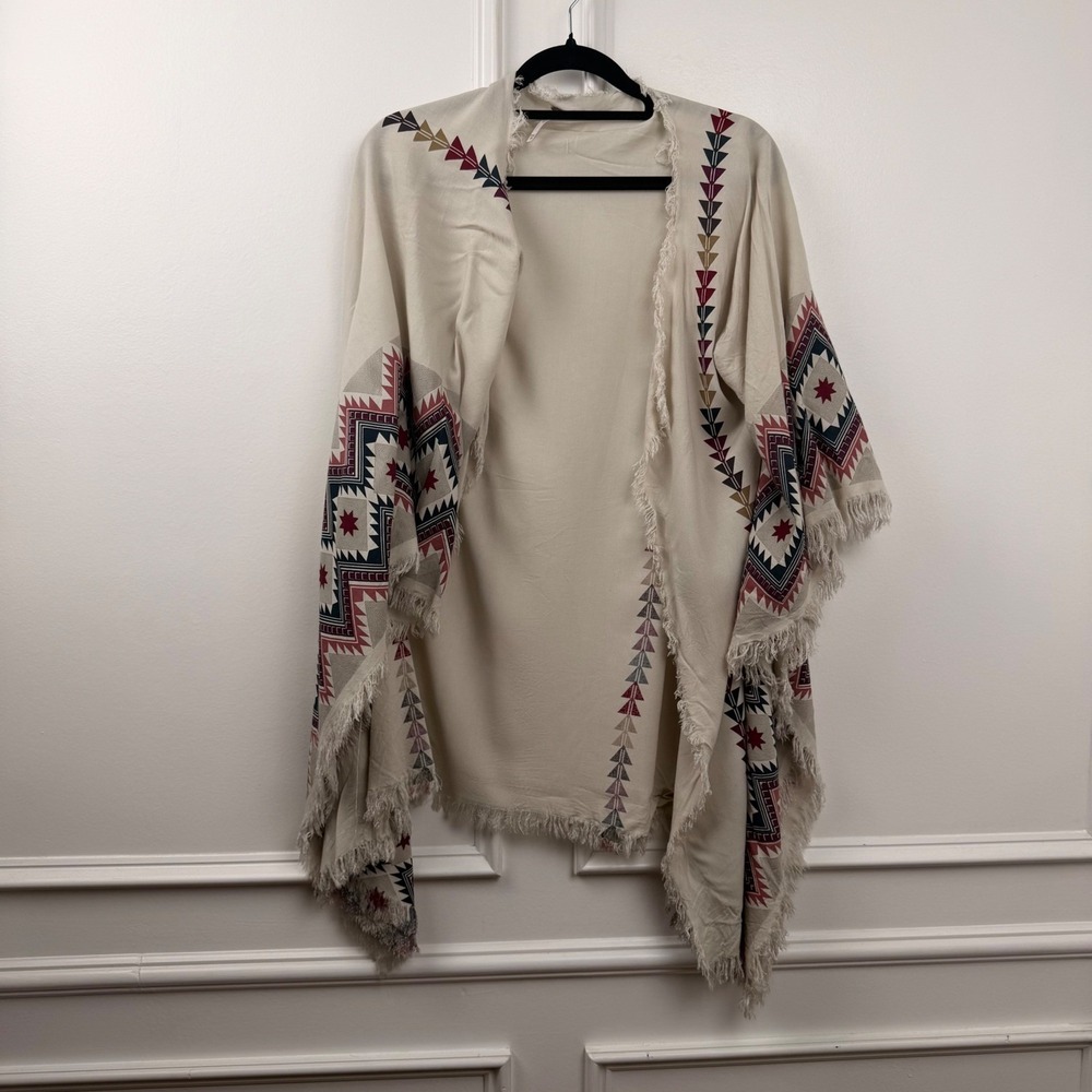 Free People Southwestern Print Kimono Wrap Cream Ivory Frayed Fringe OS